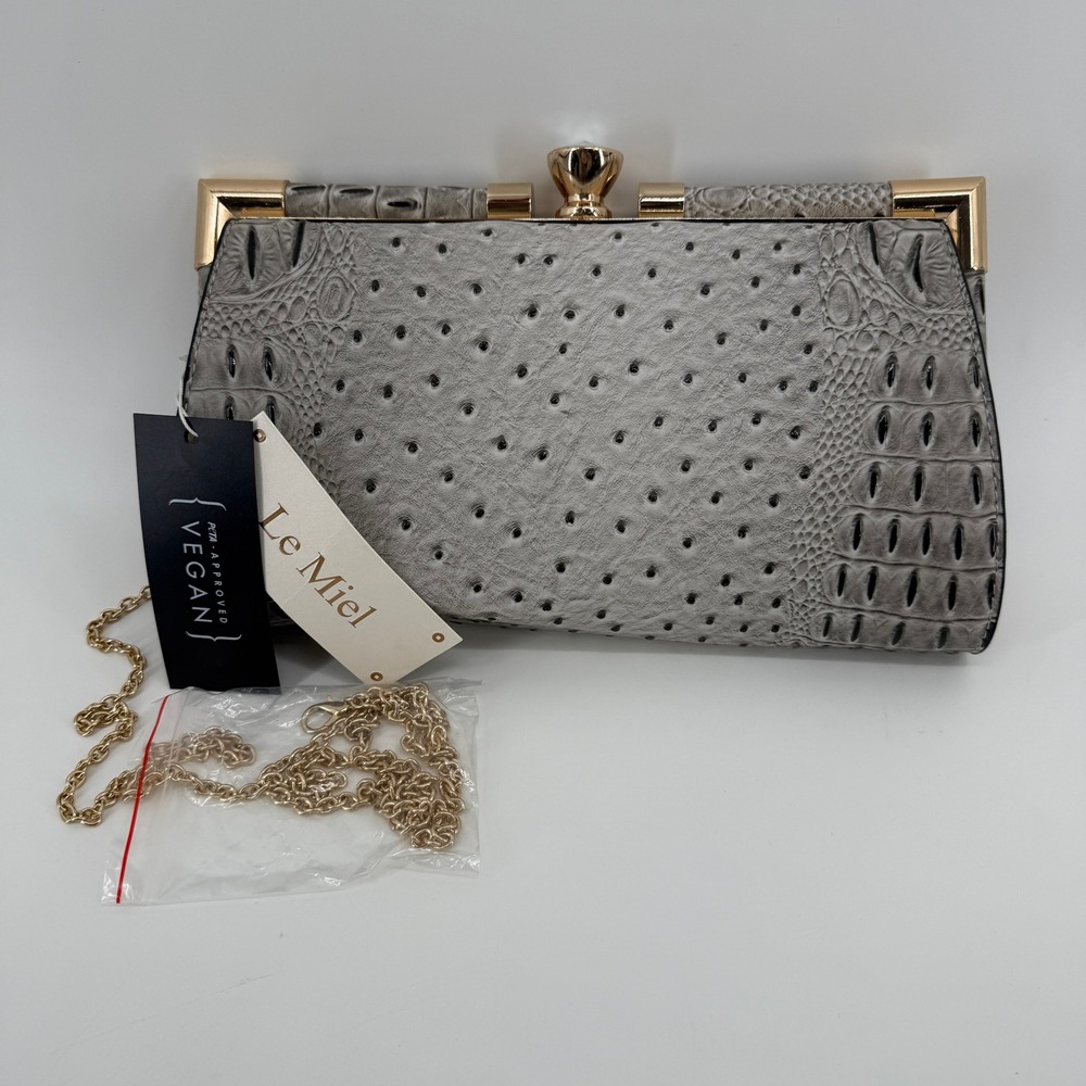 Le Miel Vegan Leather Ostrich Croc Embossed Frame Clutch Crystal Clasp Gray NWT
